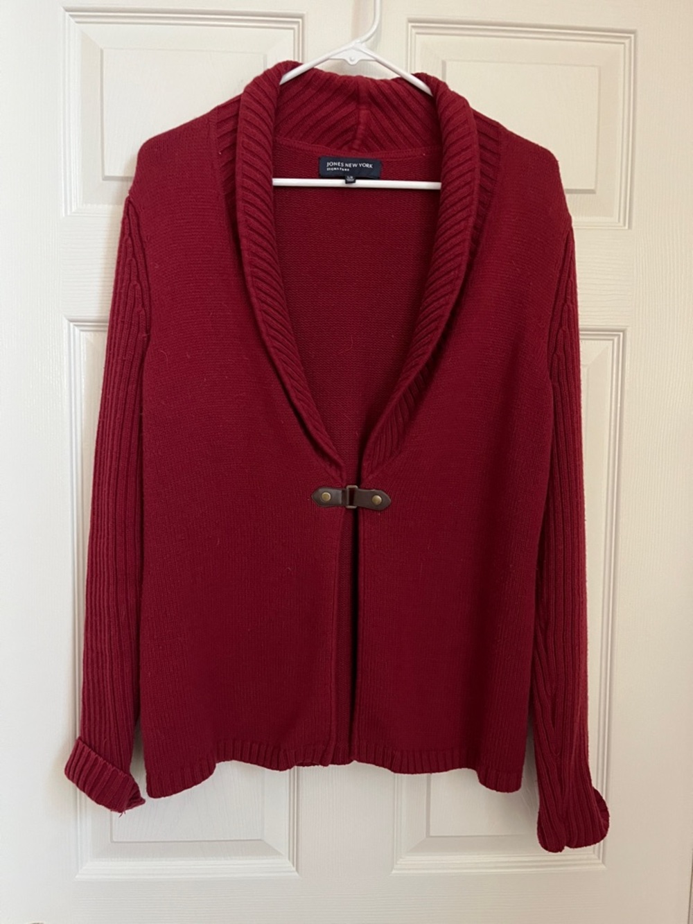 Woman's Jones New York Deep Red Shawl-Collar Snap Front Cardigan Size Large